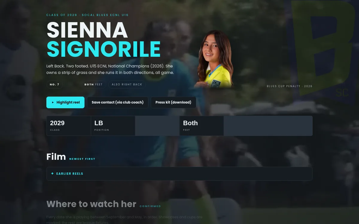Sienna's profile page