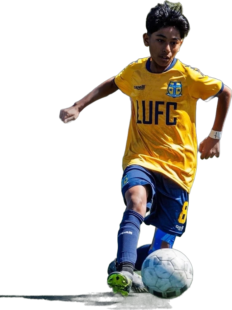 Noah Soriano on the ball for Laguna United, number 8
