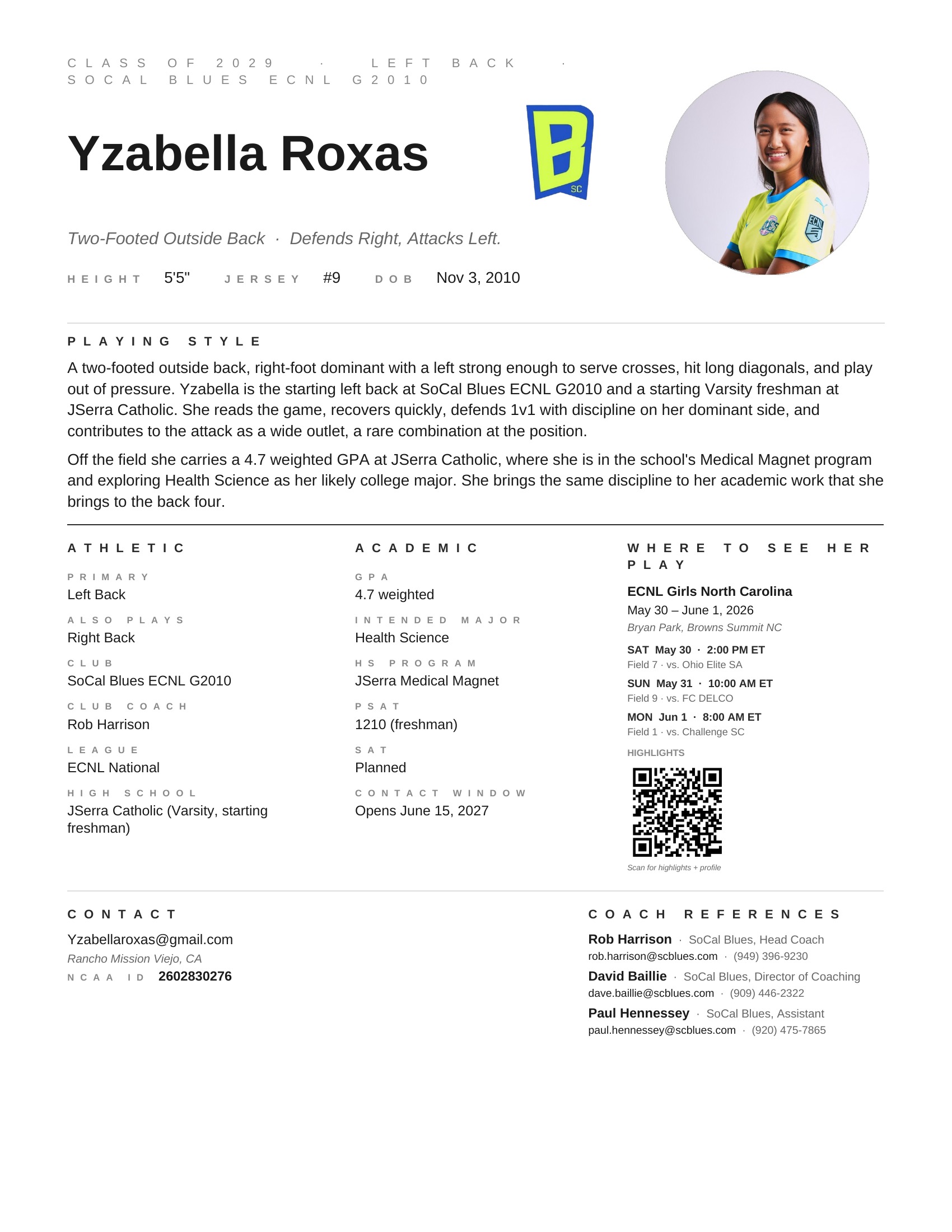 Yzabella Roxas player one-pager